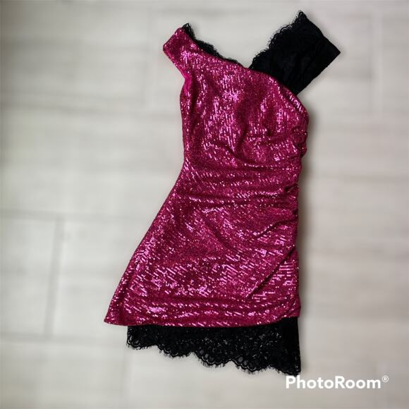 NWT Dundas Pink Sequin Mini Dress Lace Hem 40 - Picture 5 of 13